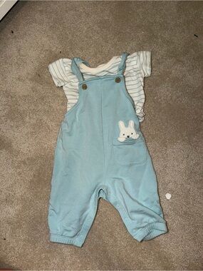 Baby Blue Bunny Pocket Overalls with Striped Tee - Kids Bottoms